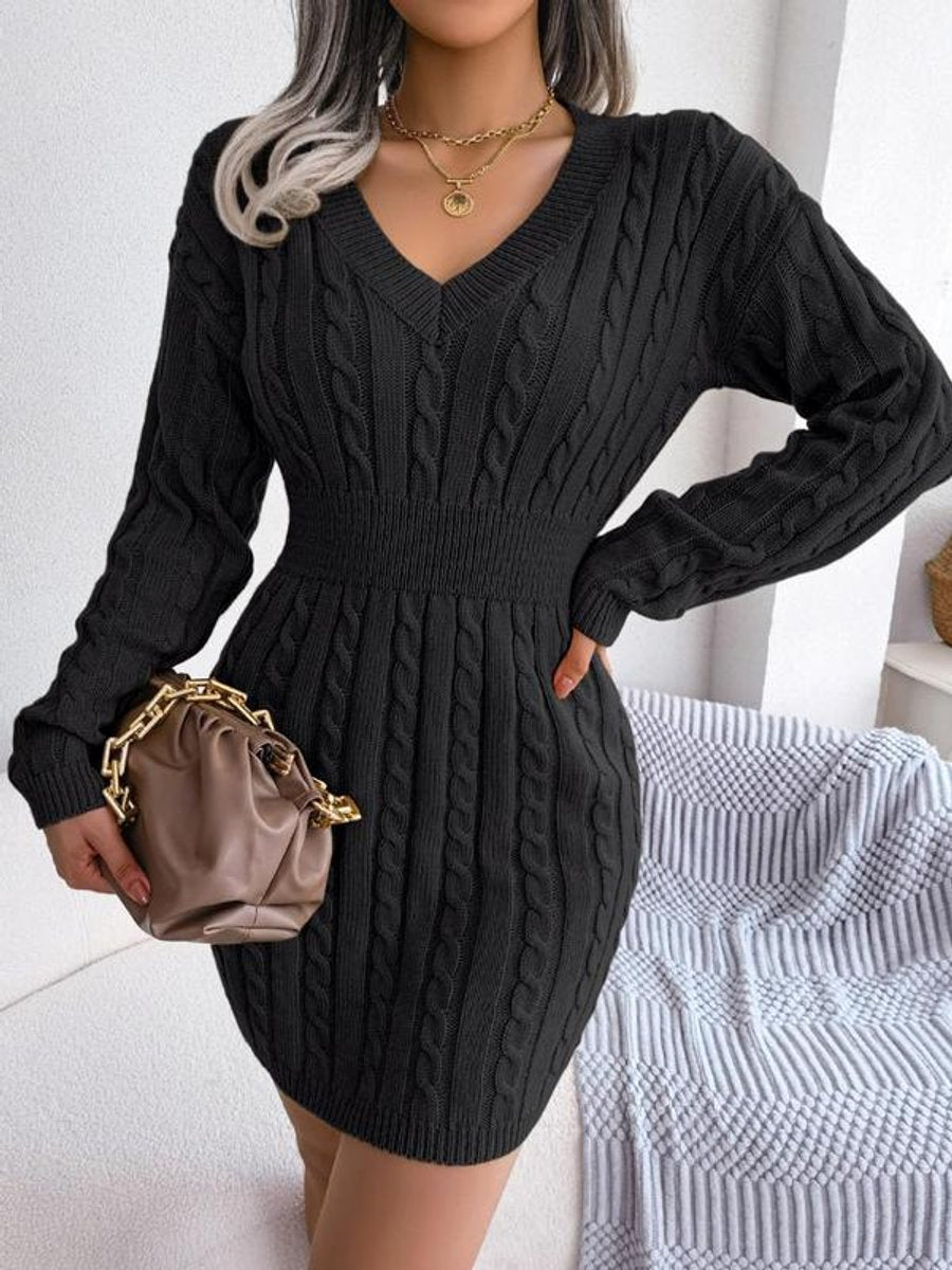Women's Cable-Knit V-Neck Long Sleeve Formal Dresses Sweater Dress - Black