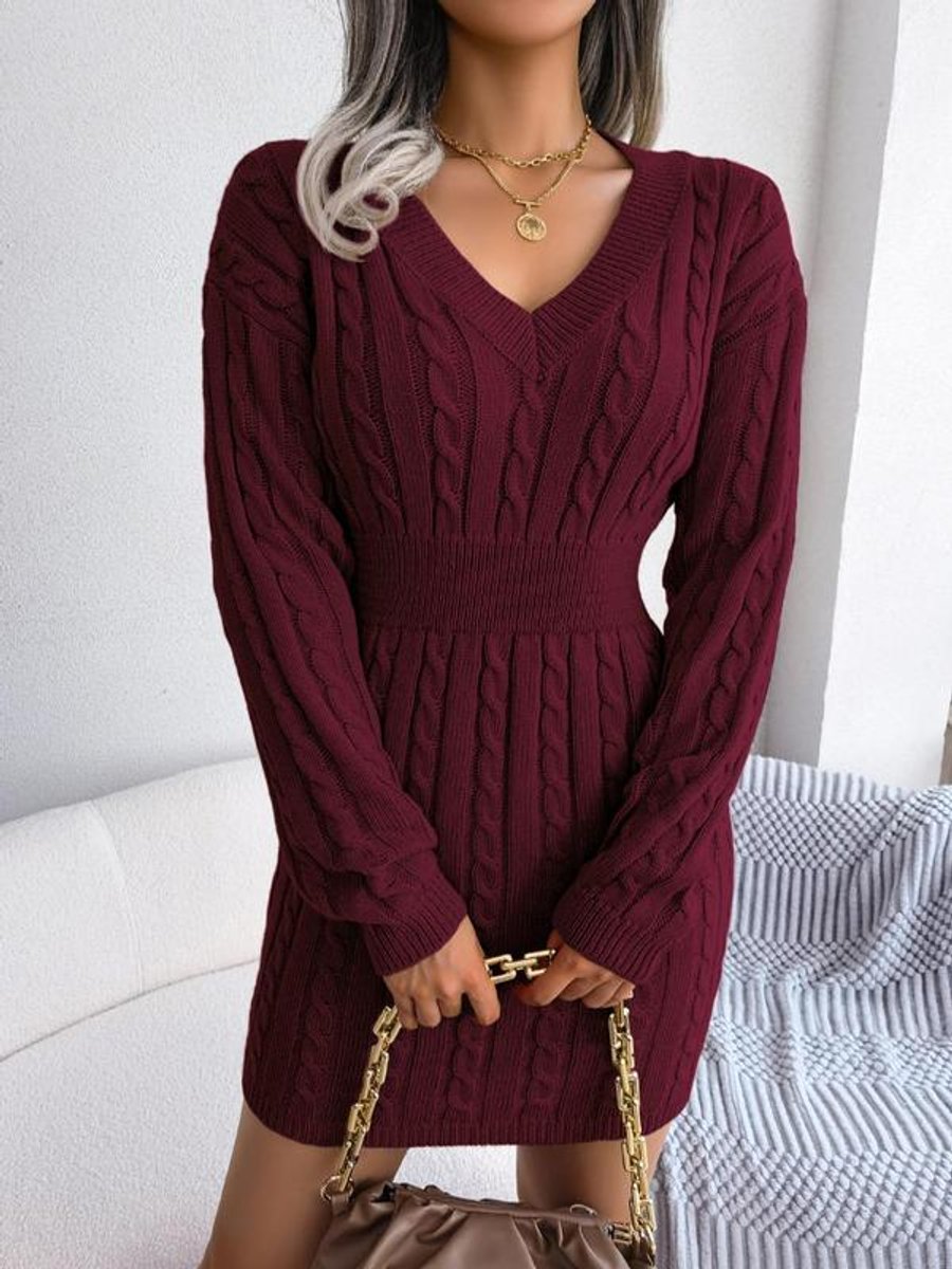 Women's Cable-Knit V-Neck Long Sleeve Formal Dresses Sweater Dress - Burgundy