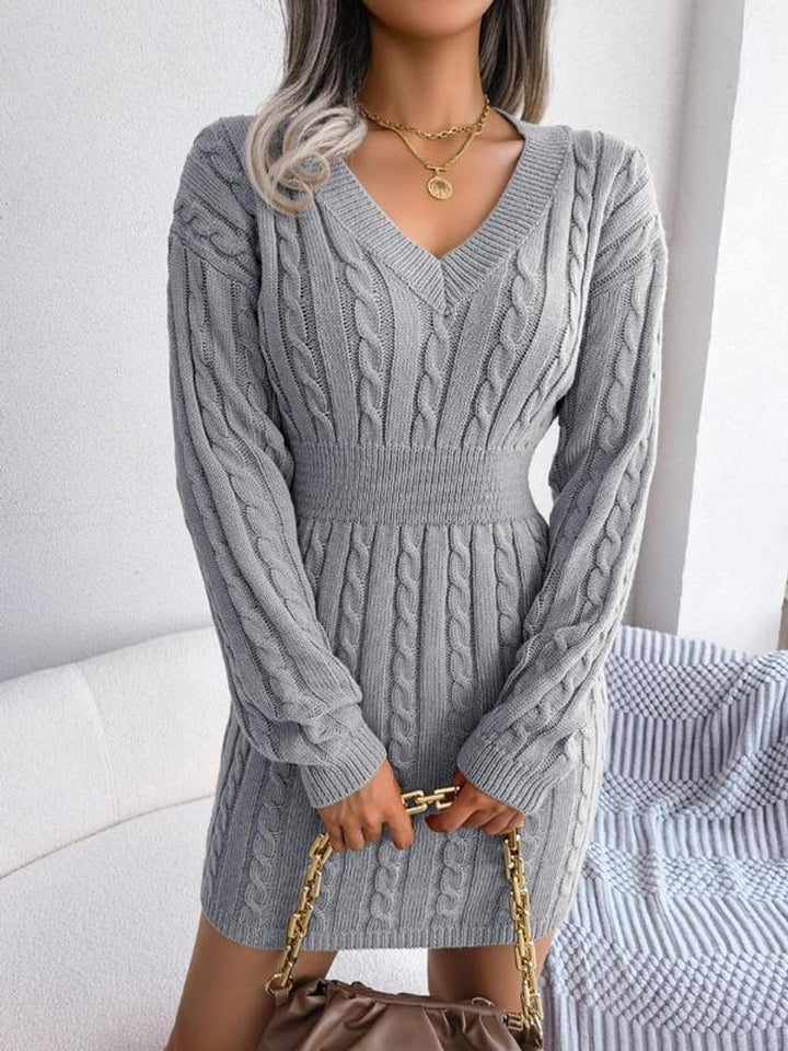 Women's Cable-Knit V-Neck Long Sleeve Formal Dresses Sweater Dress - Gray