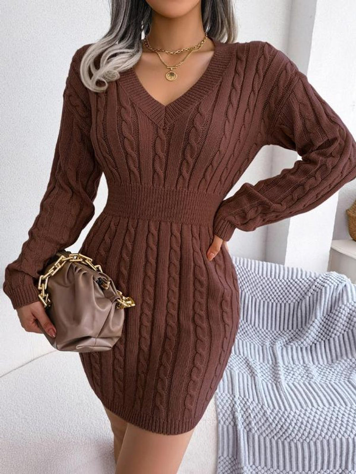Women's Cable-Knit V-Neck Long Sleeve Formal Dresses Sweater Dress - Coffee Brown