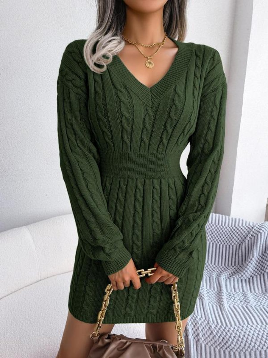 Women's Cable-Knit V-Neck Long Sleeve Formal Dresses Sweater Dress - Army Green