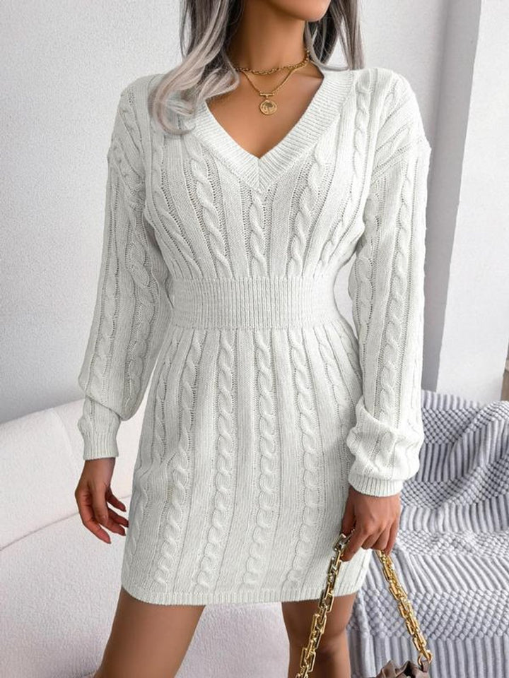 Women's Cable-Knit V-Neck Long Sleeve Formal Dresses Sweater Dress - Off White