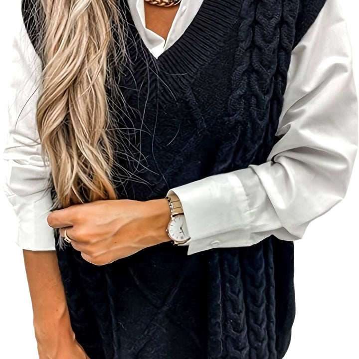 Women's Cable-Knit V-Neck Sweater Vest Relaxed Fit - Black