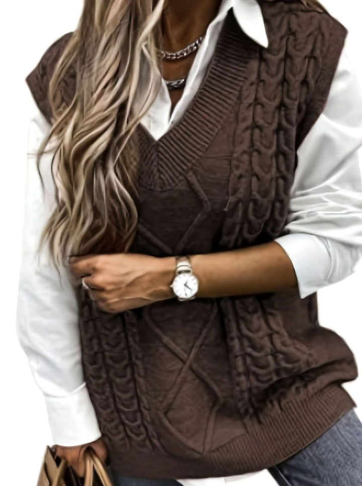 Women's Cable-Knit V-Neck Sweater Vest Relaxed Fit