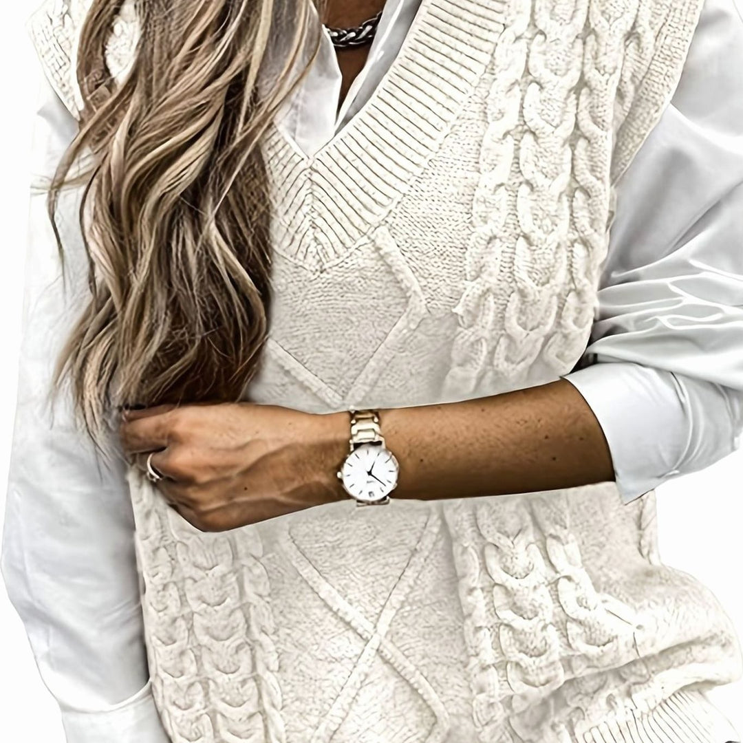 Women's Cable-Knit V-Neck Sweater Vest Relaxed Fit - Milky White