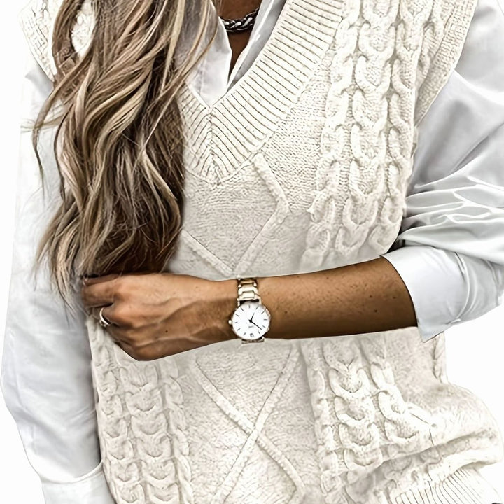 Women's Cable-Knit V-Neck Sweater Vest Relaxed Fit - Milky White