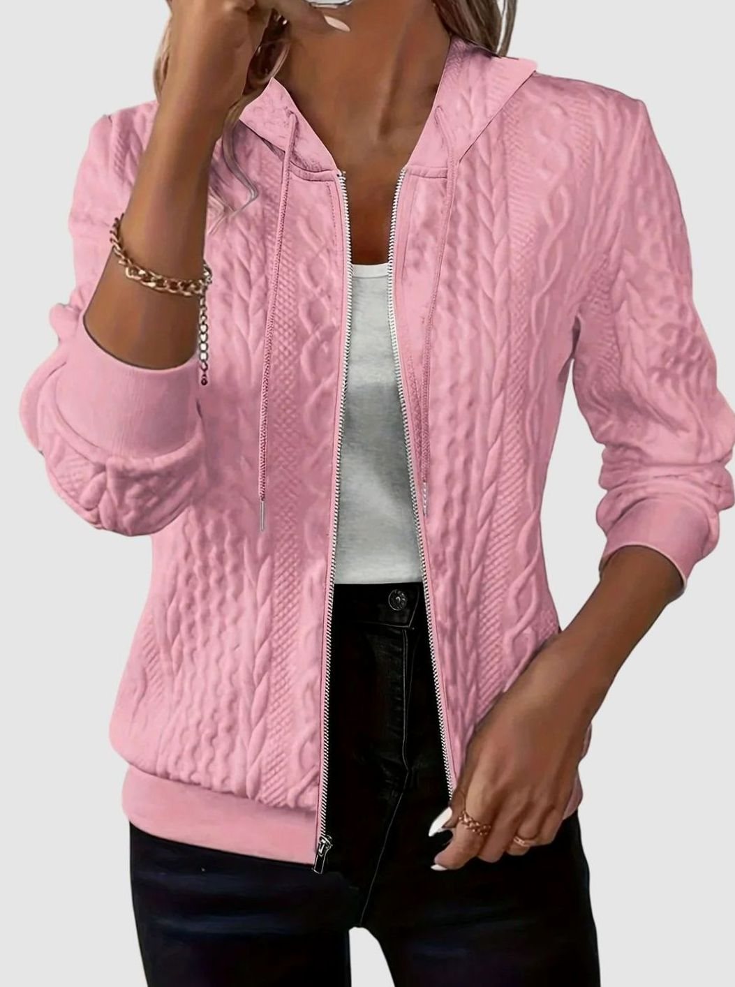 Women's Cable-Knit Zip-Up Hooded Jacket - Pink