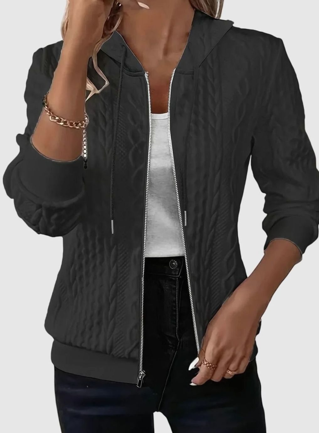 Women's Cable-Knit Zip-Up Hooded Jacket - Black