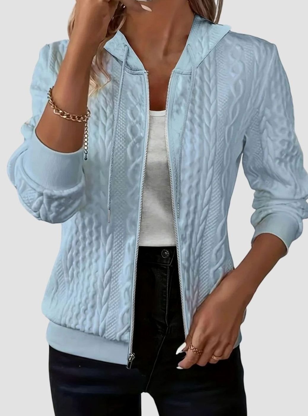Women's Cable-Knit Zip-Up Hooded Jacket - Sky Blue
