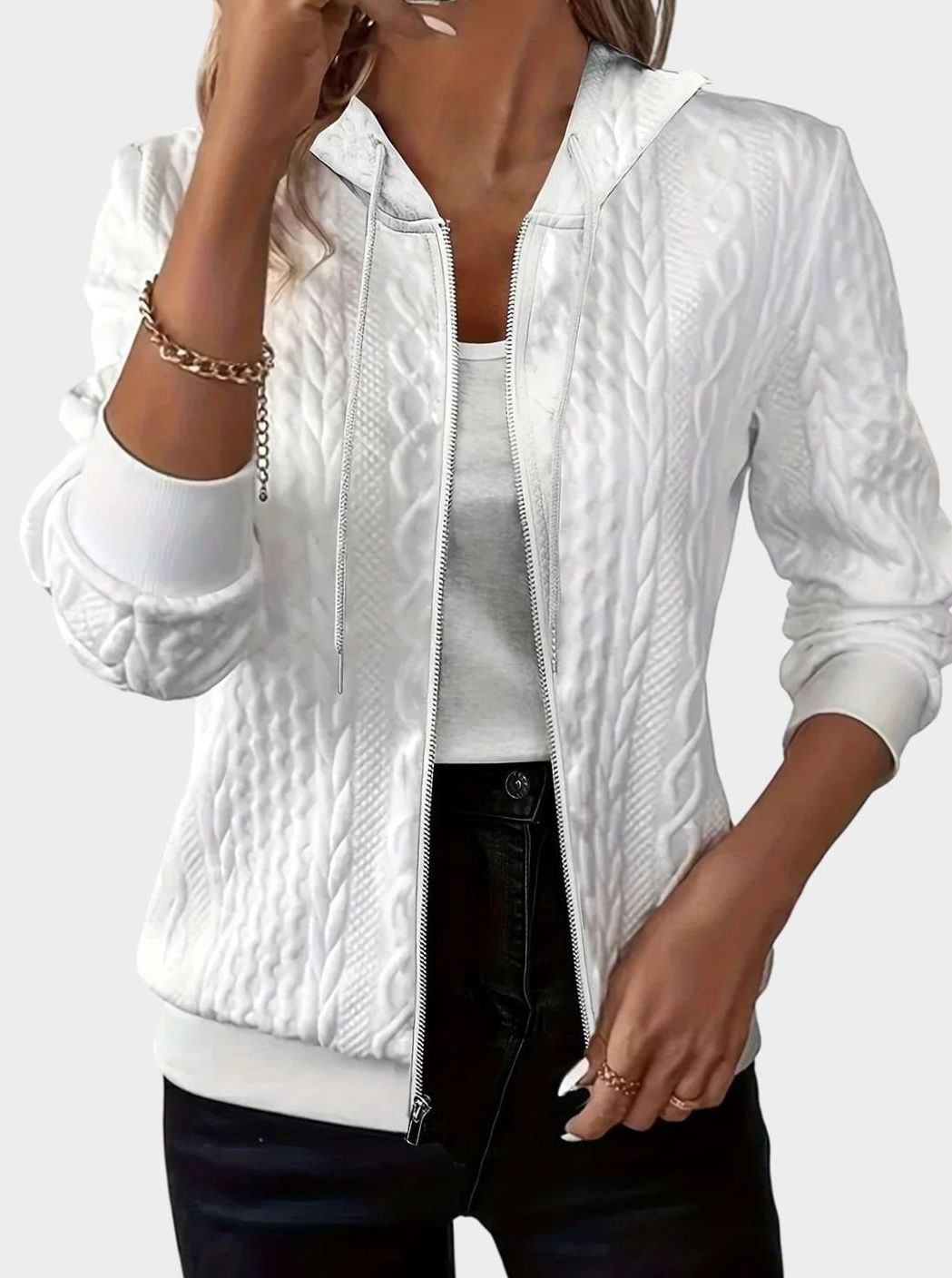 Women's Cable-Knit Zip-Up Hooded Jacket - White