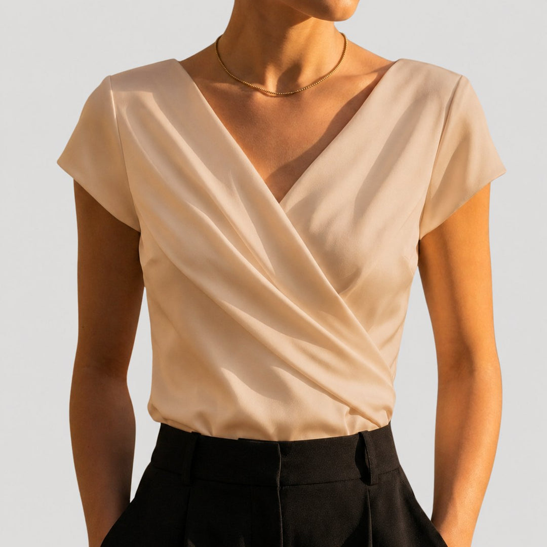 Women's Cap Sleeve Draped Wrap V-Neck Blouse Top - Khaki