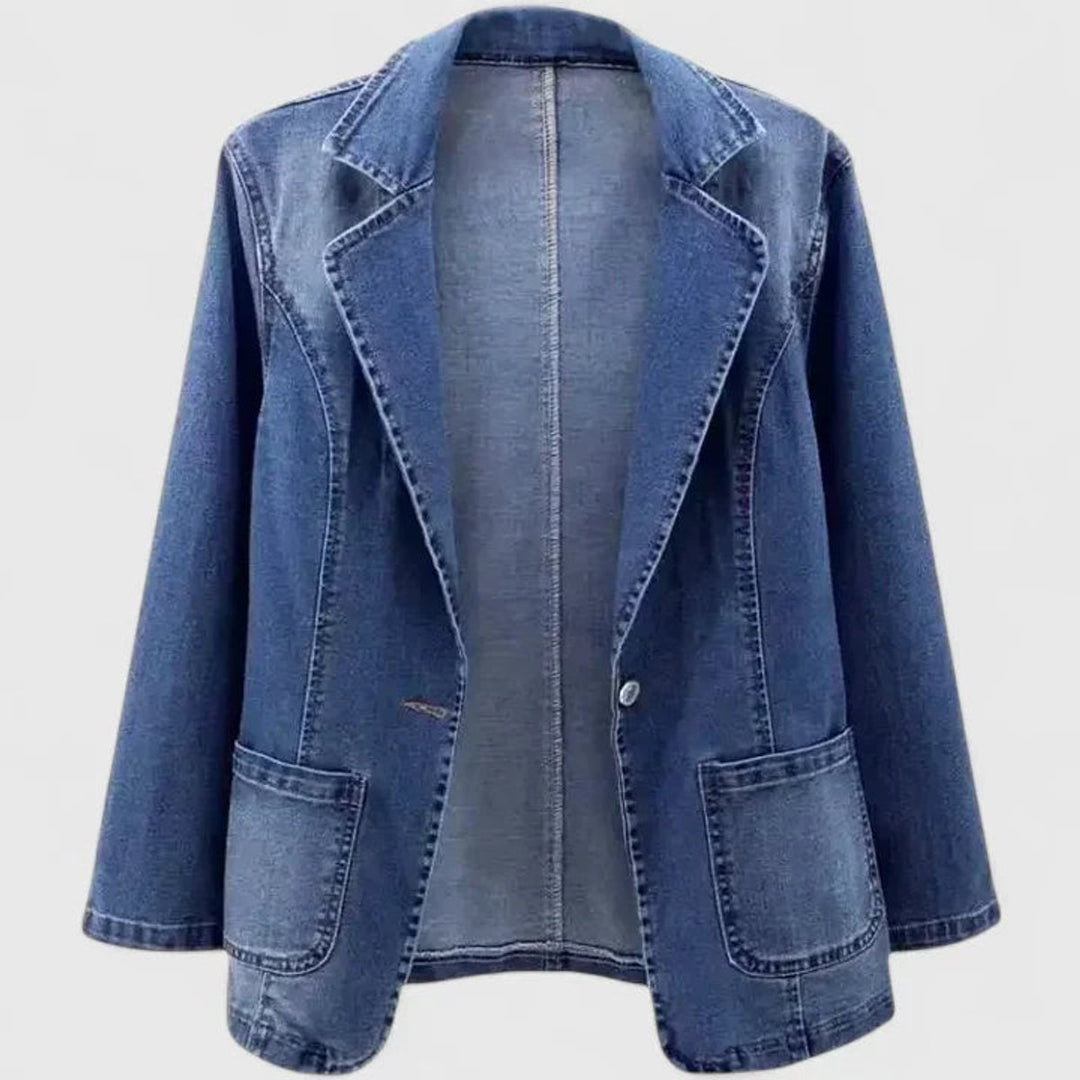 Women's Casual Denim Blazer Single-Button Jacket - Denim Blue