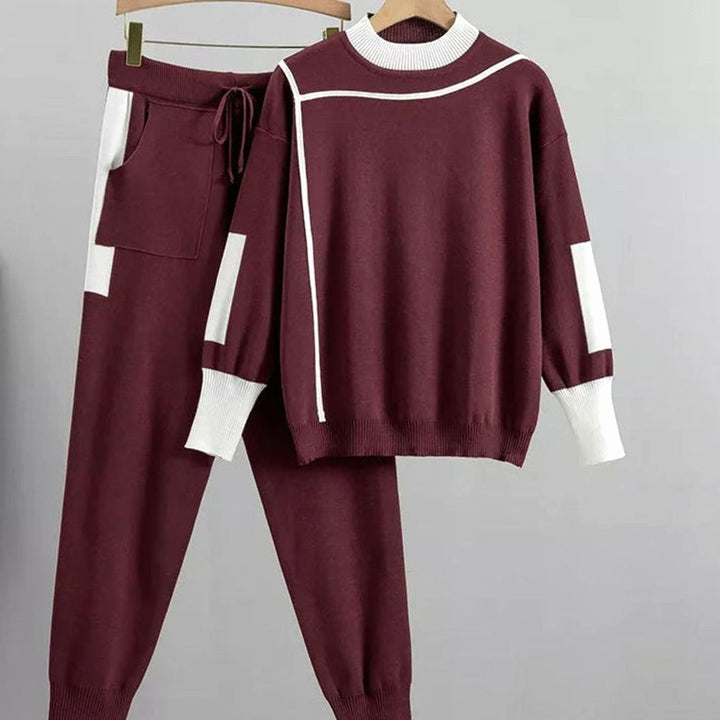 Women's Casual Knit Two-Piece Sweater Pants Set - Red