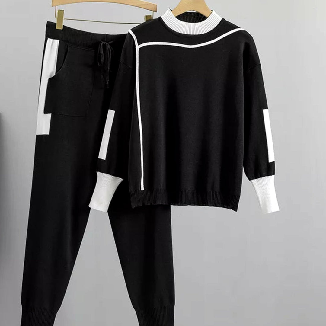 Women's Casual Knit Two-Piece Sweater Pants Set - Black
