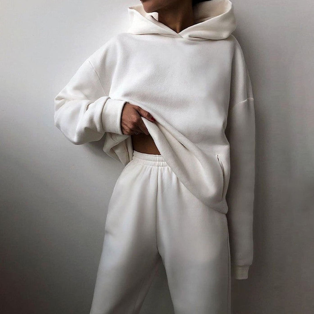 Women's Casual Loose-Fit Hoodie Jogger Two-Piece Set - White