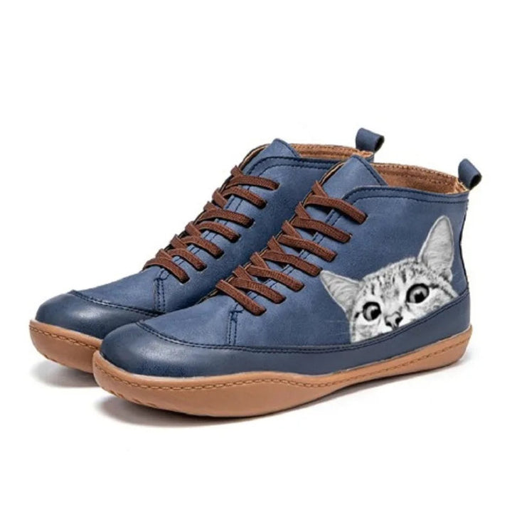 Women's Cat Print Lace-Up High-Top Leather Ankle Boots - Blue