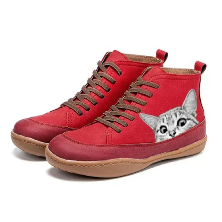 Women's Cat Print Lace-Up High-Top Leather Ankle Boots - Red