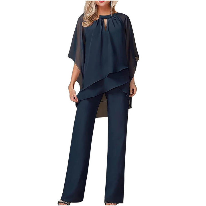 Women's Chiffon Batwing-Sleeve Asymmetric-Hem Wide-Leg Pants Set - Marineblau