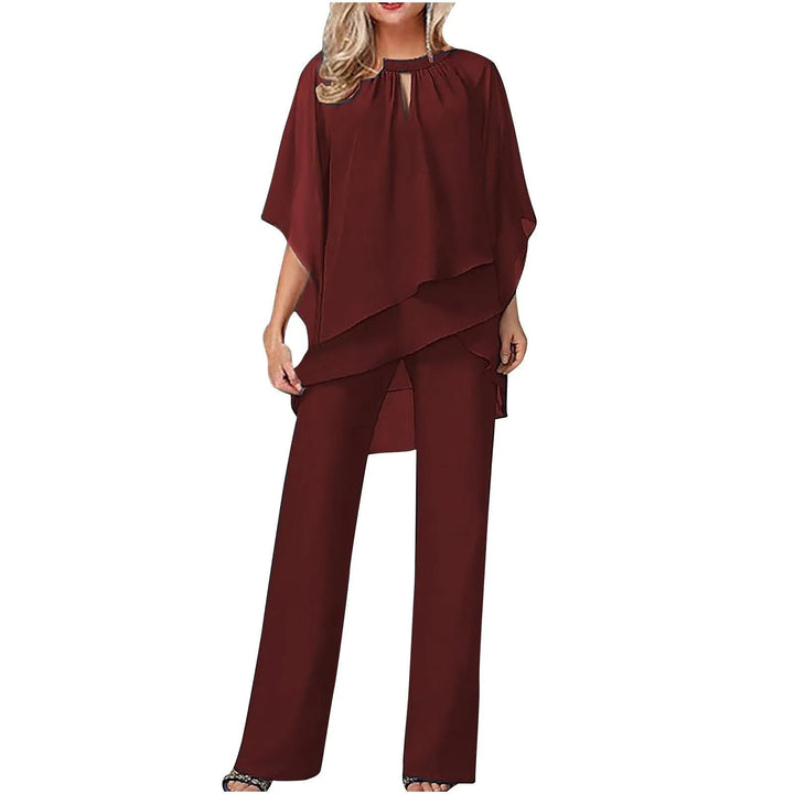 Women's Chiffon Batwing-Sleeve Asymmetric-Hem Wide-Leg Pants Set - Burgunderrot