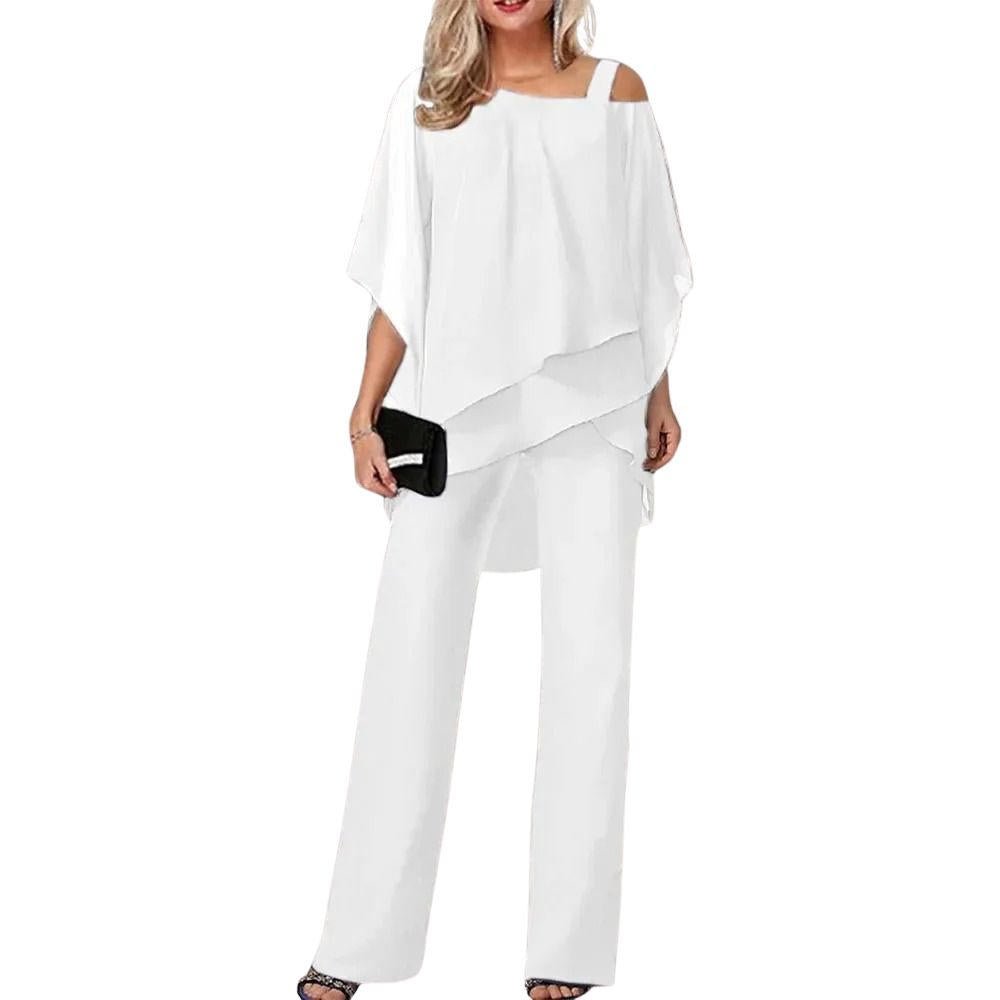 Women's Chiffon Batwing-Sleeve Asymmetric-Hem Wide-Leg Pants Set - Weiß