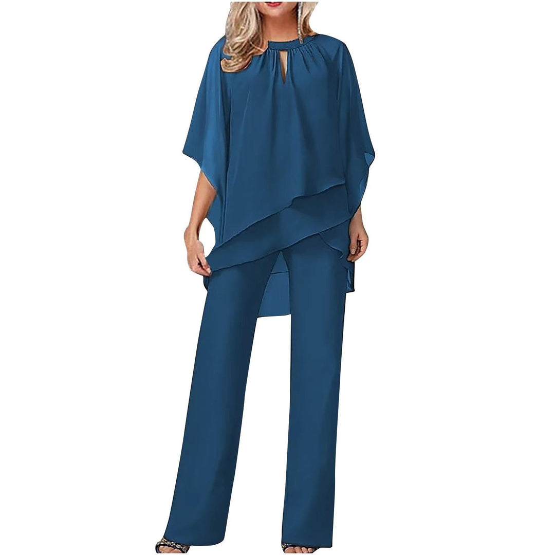 Women's Chiffon Batwing-Sleeve Asymmetric-Hem Wide-Leg Pants Set - Königsblau
