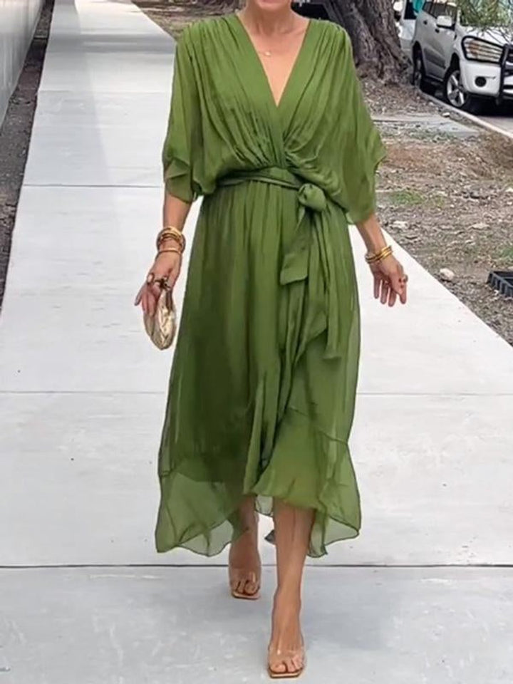 Women's Chiffon V-Neck Belted Midi Cocktail Party Dress - Green