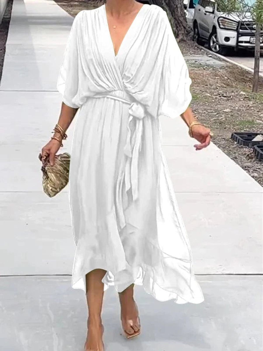 Women's Chiffon V-Neck Belted Midi Cocktail Party Dress - White