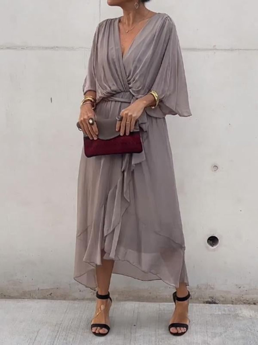 Women's Chiffon V-Neck Belted Midi Cocktail Party Dress - Gray