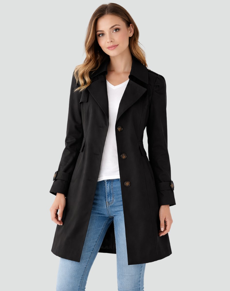 Women's Classic Tailored Mid-Length Trench Coat - Black