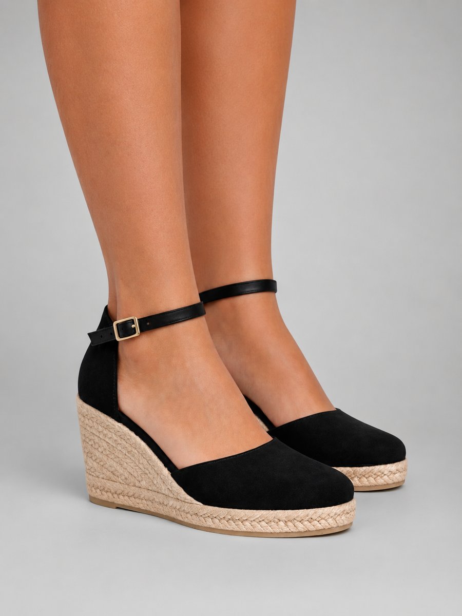 Women's Closed Toe Espadrille Wedge Sandals Ankle Strap - Black