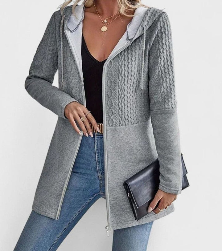 Women's Coat Cable-Knit Panel Hooded Zip-Up Cardigan - Gray