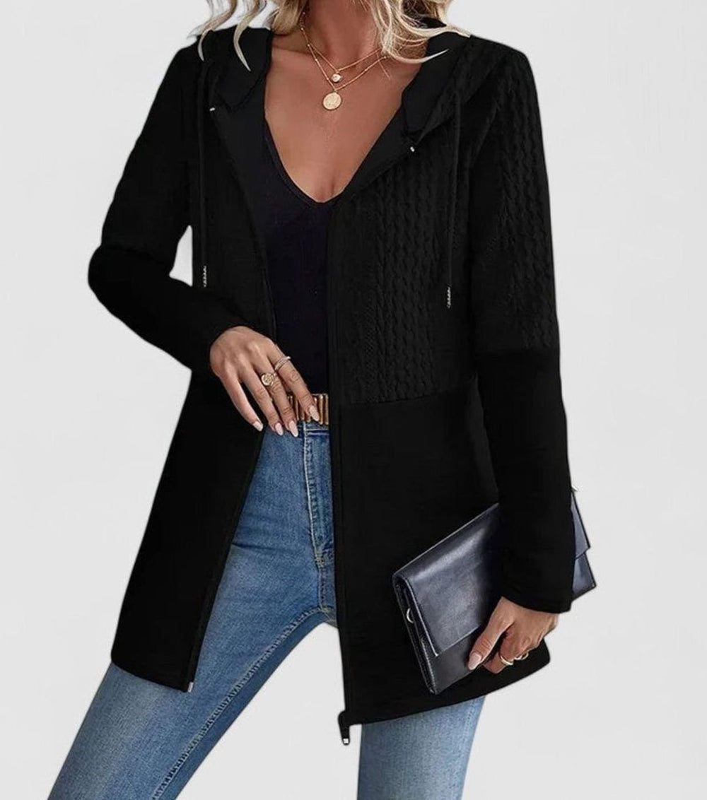 Women's Coat Cable-Knit Panel Hooded Zip-Up Cardigan - Black