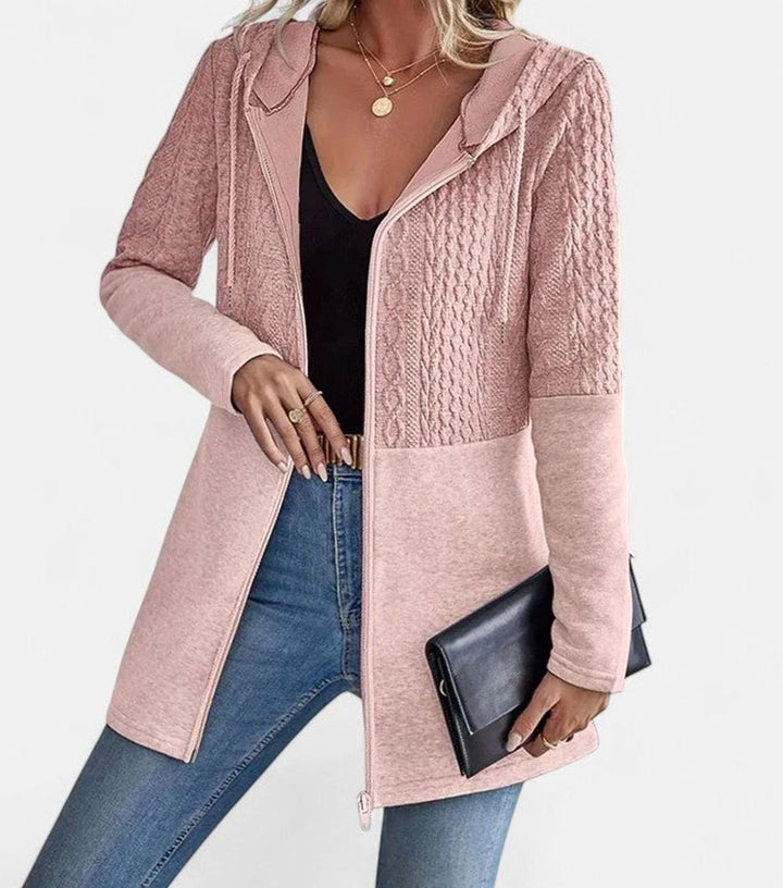Women's Coat Cable-Knit Panel Hooded Zip-Up Cardigan - Pink