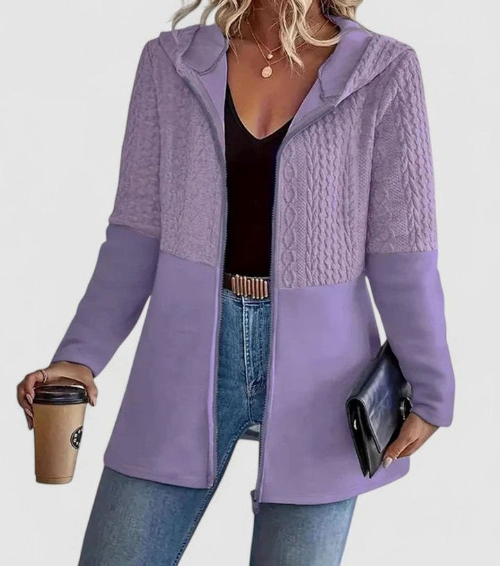 Women's Coat Cable-Knit Panel Hooded Zip-Up Cardigan - Purple