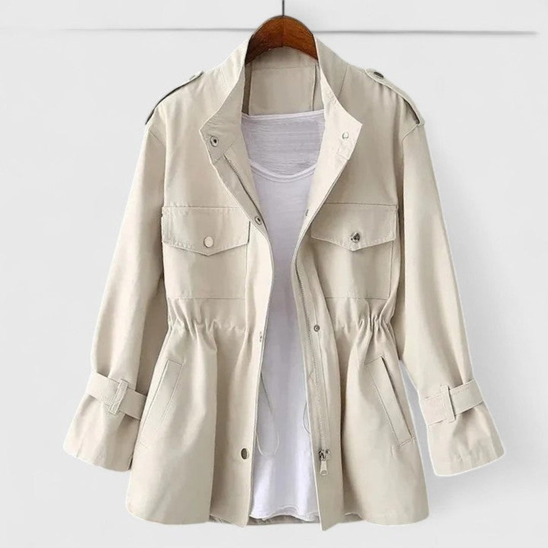 Women's Coat Drawstring-Waist Zip-Up Utility Jacket - Cream