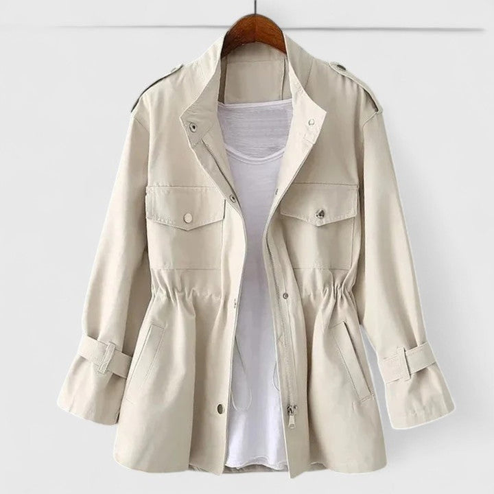Women's Coat Drawstring-Waist Zip-Up Utility Jacket - Cream