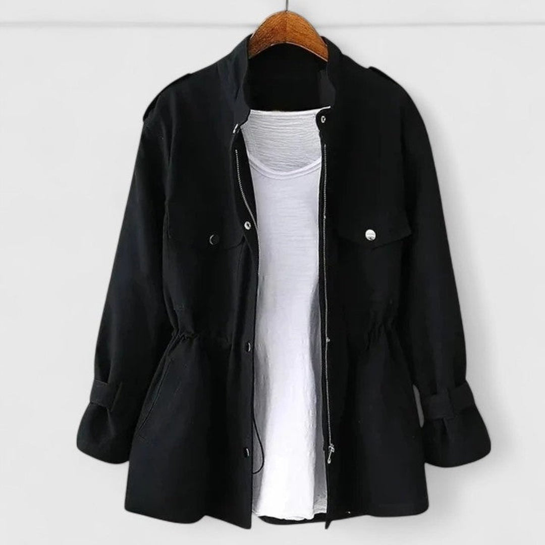Women's Coat Drawstring-Waist Zip-Up Utility Jacket - Black