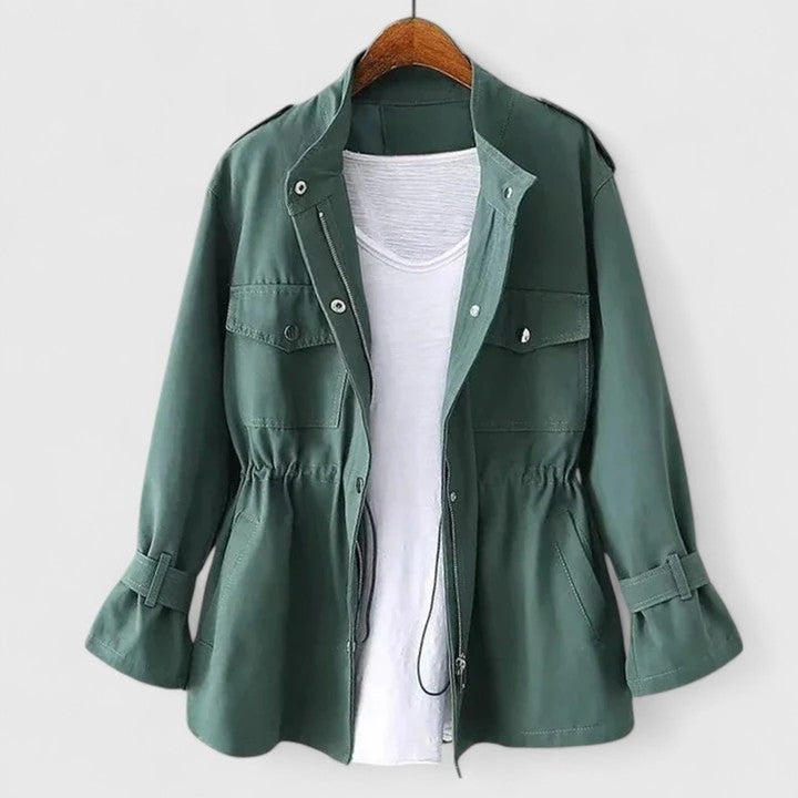 Women's Coat Drawstring-Waist Zip-Up Utility Jacket - Green