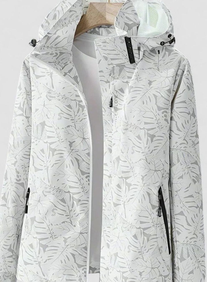 Women's Coat Lightweight Hooded Leaf-Print Zip-Up Jacket - White