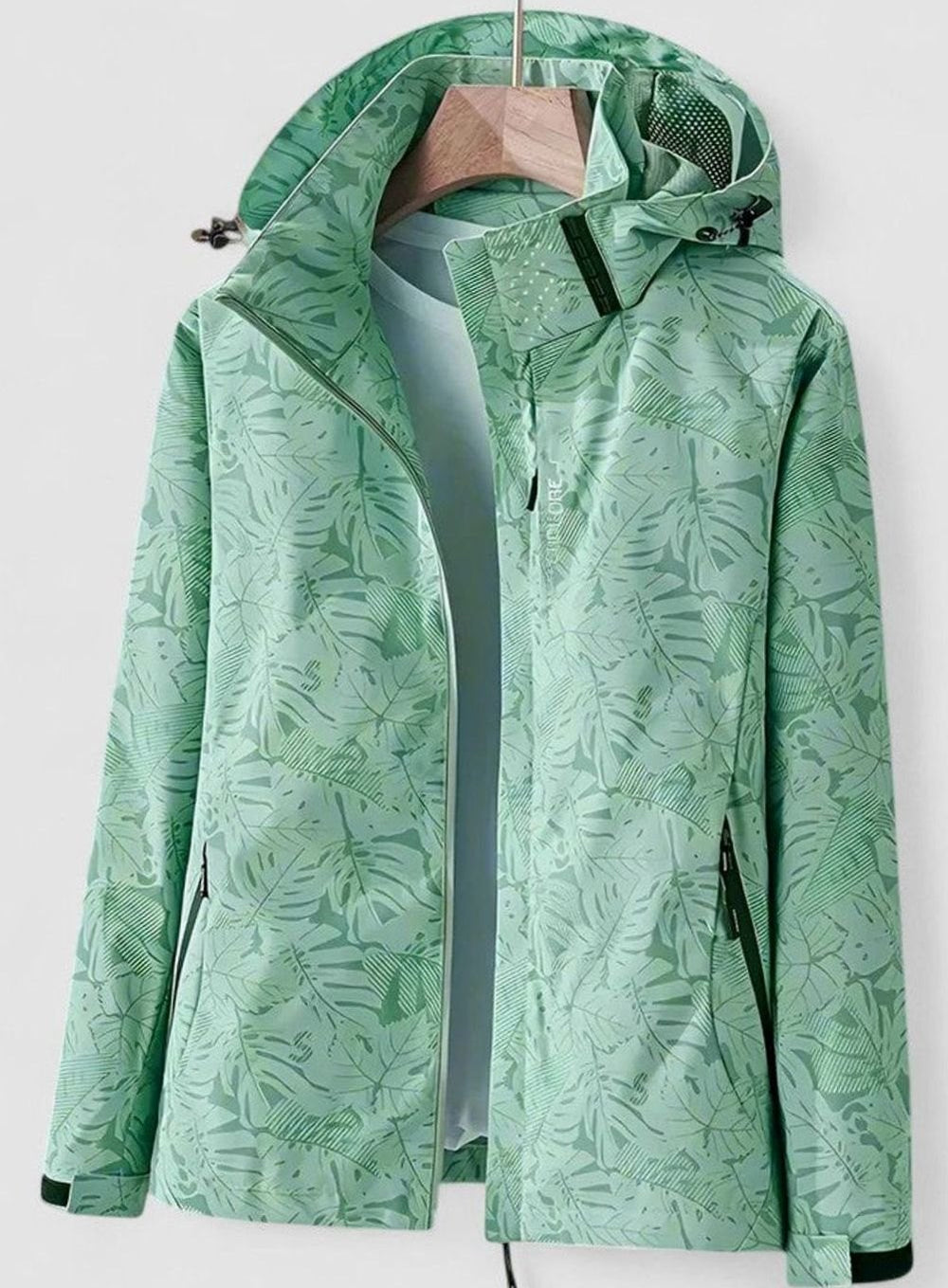 Women's Coat Lightweight Hooded Leaf-Print Zip-Up Jacket - Green