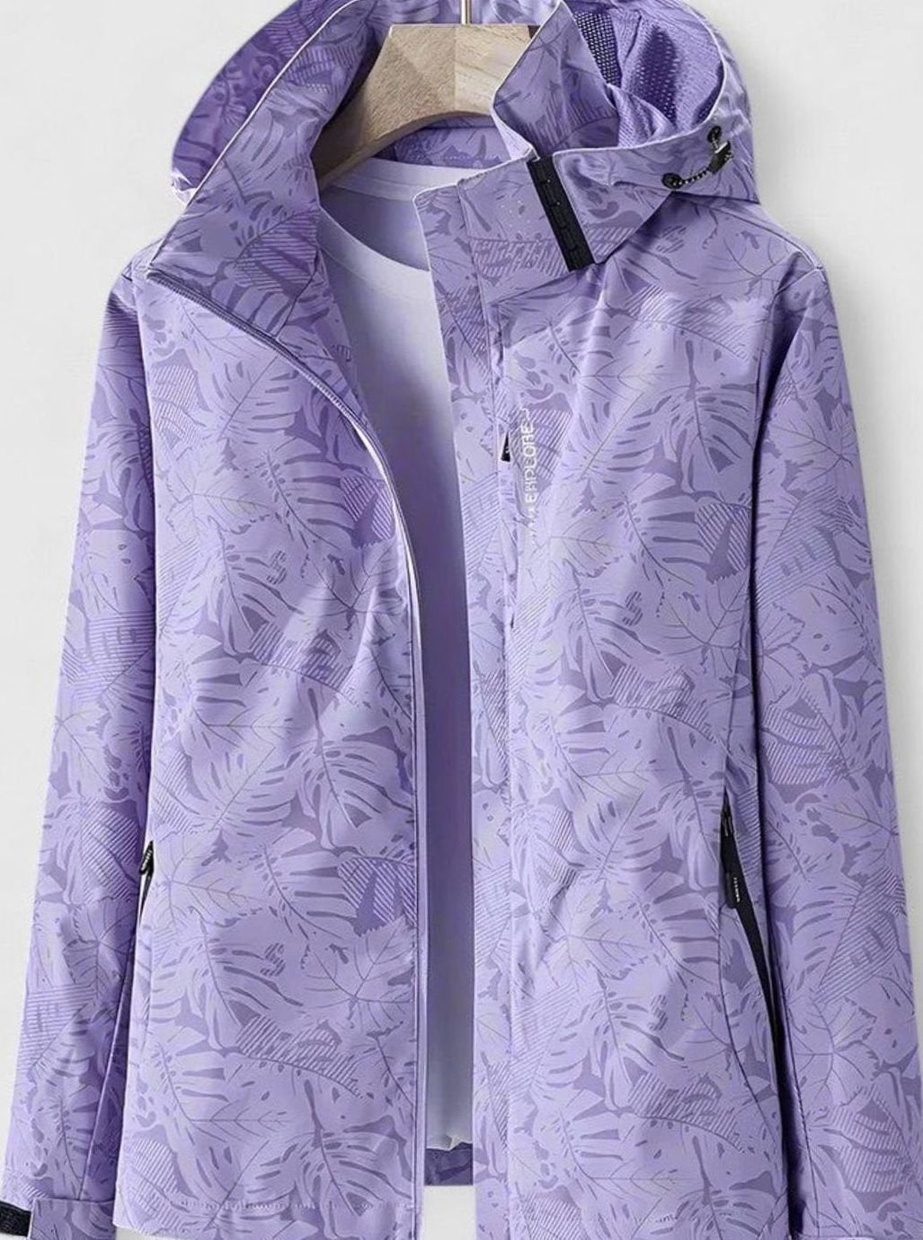 Women's Coat Lightweight Hooded Leaf-Print Zip-Up Jacket - Purple