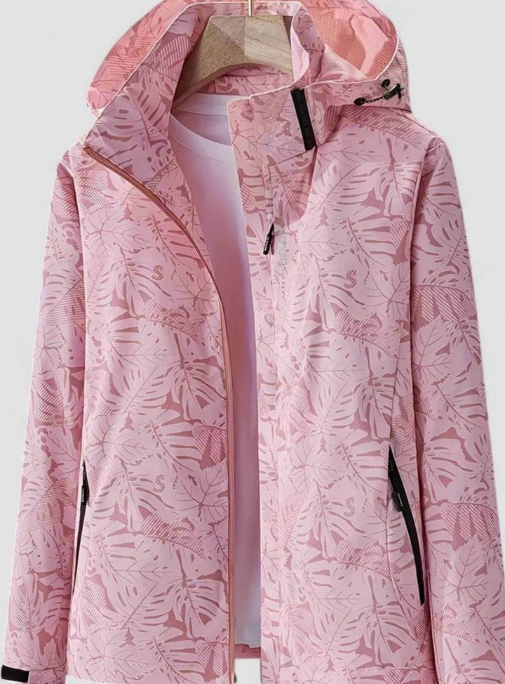 Women's Coat Lightweight Hooded Leaf-Print Zip-Up Jacket - Pink