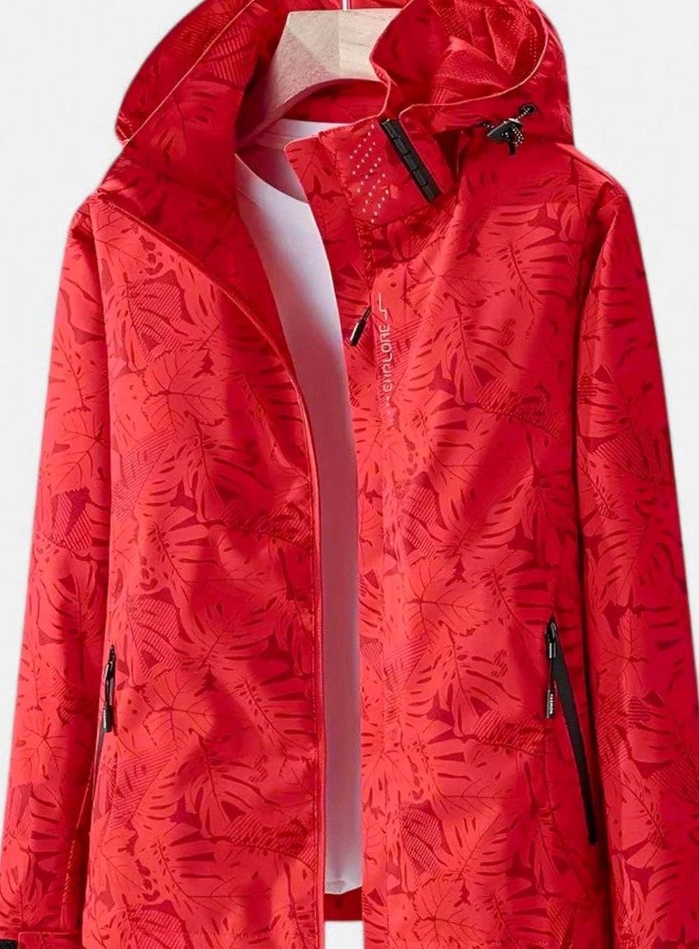 Women's Coat Lightweight Hooded Leaf-Print Zip-Up Jacket - Red