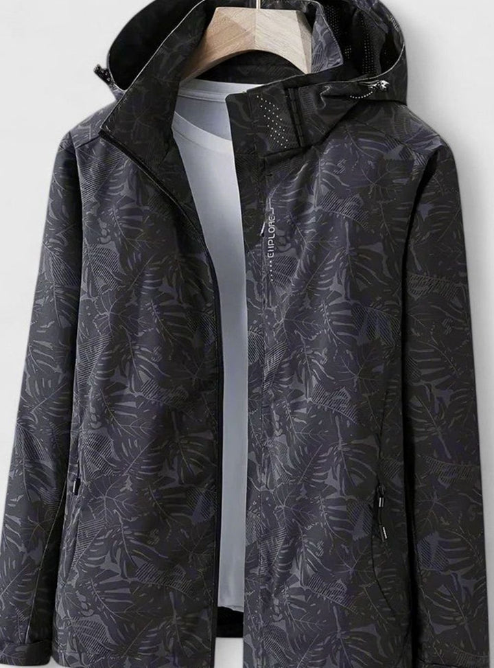 Women's Coat Lightweight Hooded Leaf-Print Zip-Up Jacket - Black