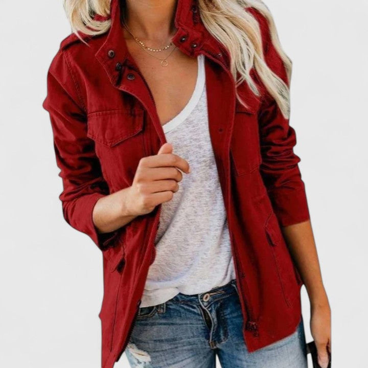 Women's Coat Lightweight Military-Style Zip-Up Utility Jacket - Red
