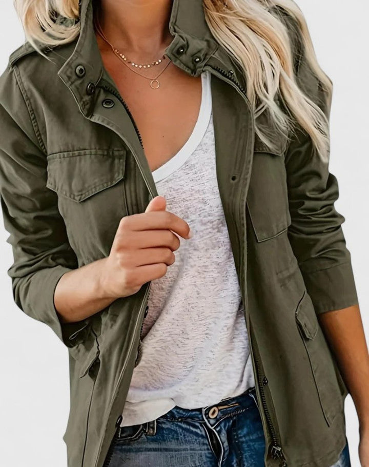 Women's Coat Lightweight Military-Style Zip-Up Utility Jacket - Green