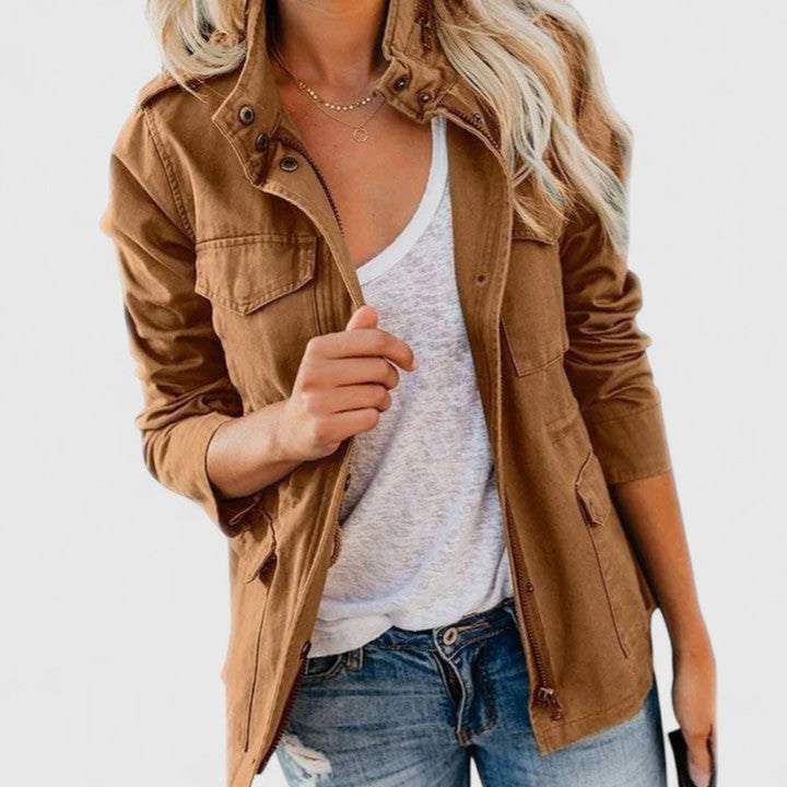Women's Coat Lightweight Military-Style Zip-Up Utility Jacket - Khaki