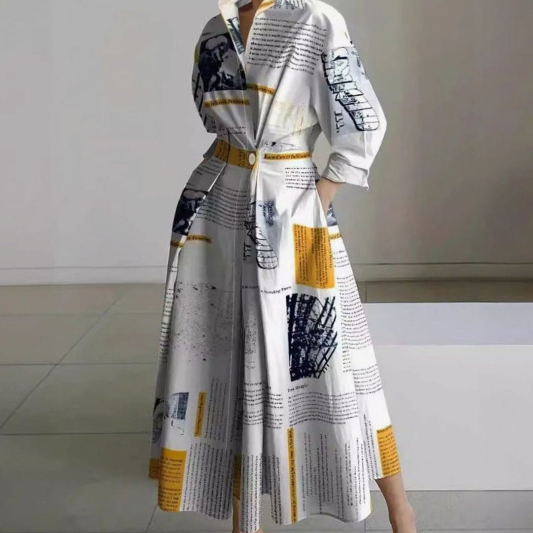 Women's Collared Maxi Shirt Dress Long Sleeve Newspaper Print