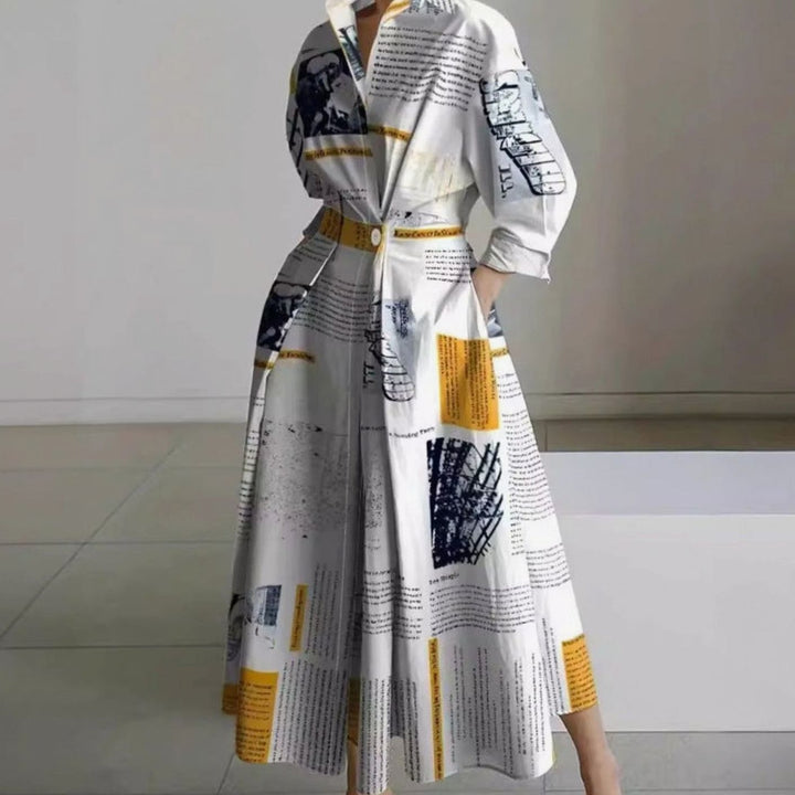 Women's Collared Maxi Shirt Dress Long Sleeve Newspaper Print