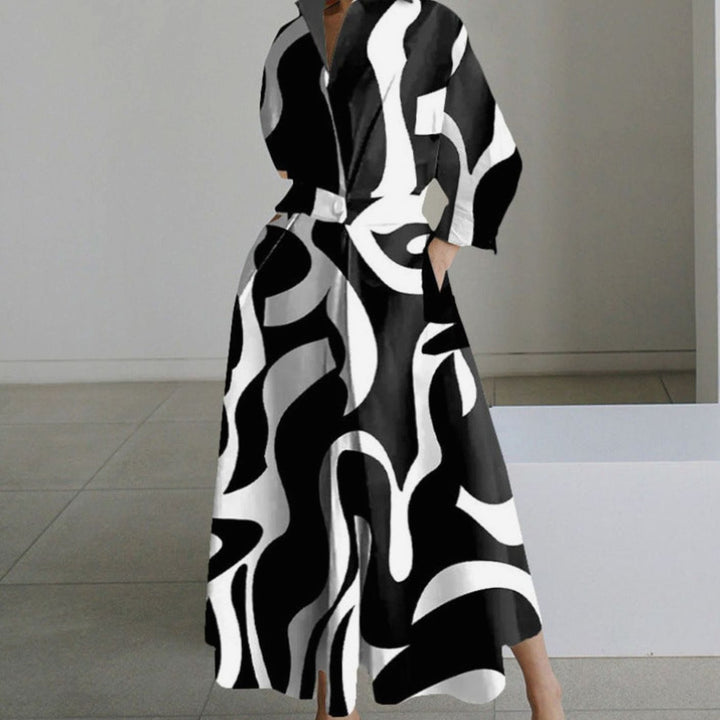 Women's Collared Maxi Shirt Dress Long Sleeve Newspaper Print - Black Stripe